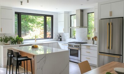 Fototapeta premium Modern White Kitchen with Marble Island and Stainless Steel Appliances
