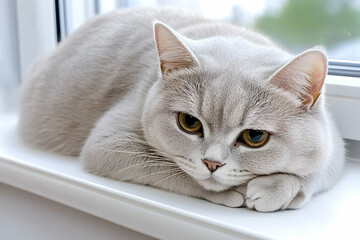 A fluffy gray cat rests on a windowsill, gazing intently