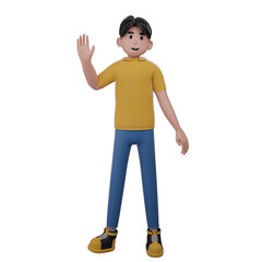 This 3D rendered cartoon male figure is waving, appearing happy and friendly to the viewer.
