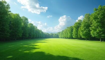 Fototapeta premium Manicured green lawn, rich forest trees, clear blue sky with clouds. Summer sunlight, outdoor landscape. Perfect for relaxation golf course, park, travel eco concept.