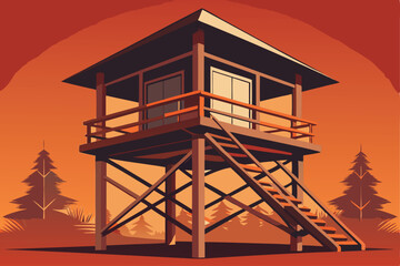 Watchtower silhouette icon, vector illustration of a silhouette watchtower on a hill with a winding path, suitable for outdoor and adventure designs.