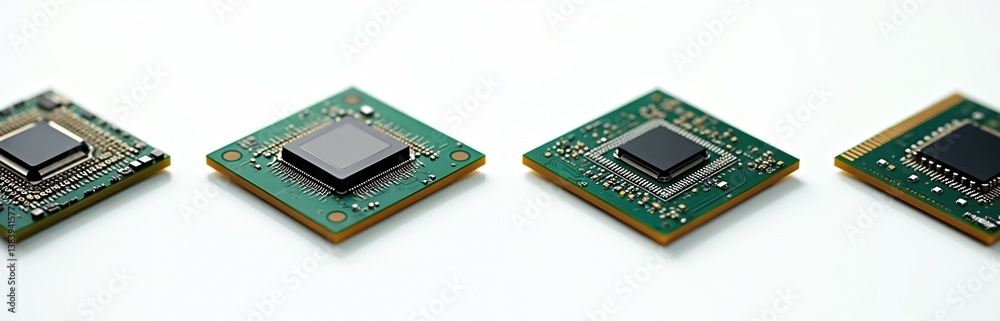 Poster Collection CPU computer microchips tech isolated on white background. Semiconductor chips close-up. Central processing unit, computer hardware, electronic components, digital technology concept.