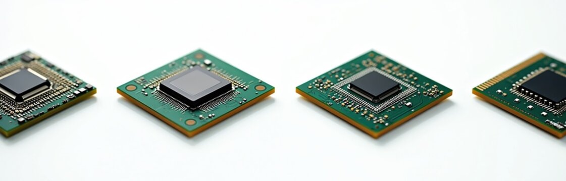 Collection CPU computer microchips tech isolated on white background. Semiconductor chips close-up. Central processing unit, computer hardware, electronic components, digital technology concept.