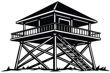 Watchtower silhouette icon, vector illustration of a silhouette watchtower on a hill with a winding path, suitable for outdoor and adventure designs.