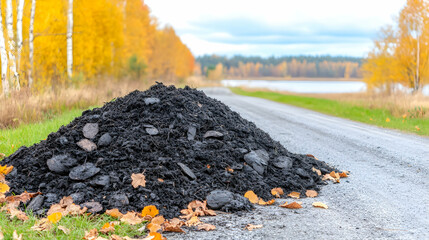 Obraz premium Autumnal roadside pile of dark soil and debris