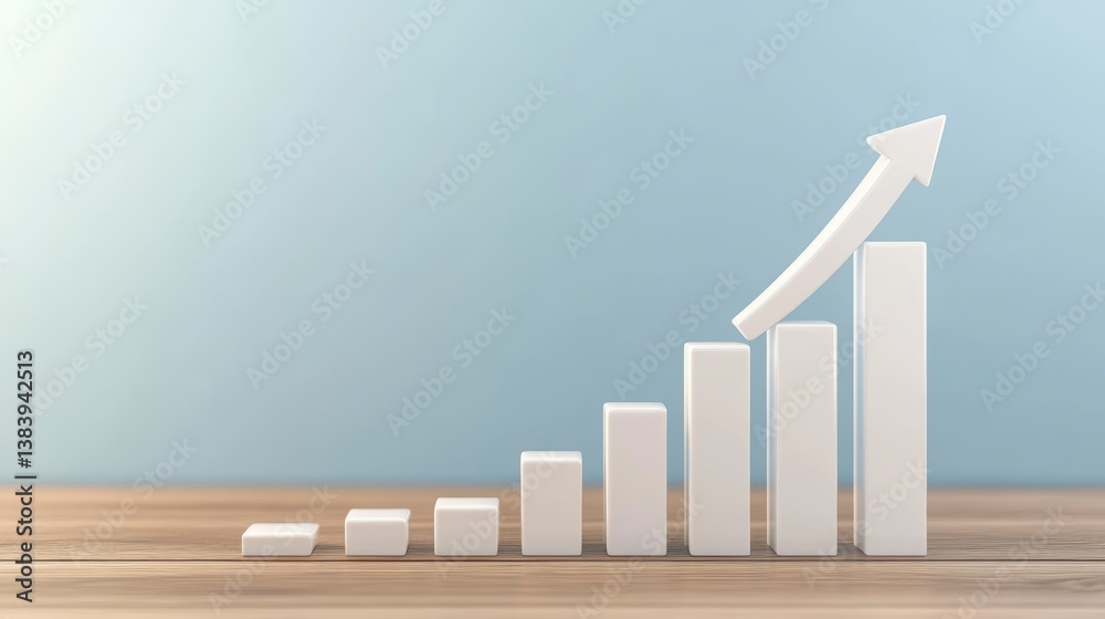 Poster White 3D bar graph with upward arrow on wooden table, showing growth and progress.