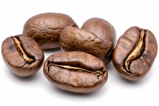 Close-up of five roasted coffee beans on white background