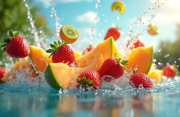 Vibrant photo of fresh fruit splashing into water on sunny summer day. Refreshing strawberries, melon, kiwi burst with water droplets. Healthy eating, vitamin-rich, juicy, delicious. Perfect for