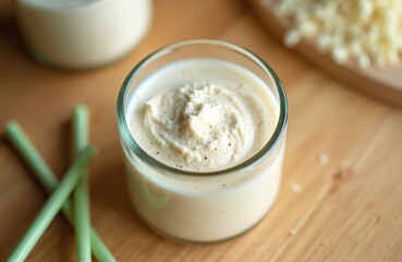 Healthy whey protein drink in glass. Creamy smoothie with natural ingredients, wellness lifestyle. Alternative nutrition, muscle growth support, sports recovery, breakfast. Natural nourishment,