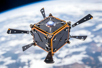 CubeSat satellite orbiting Earth, showcasing its deployable solar panels and sophisticated design