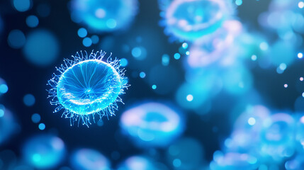 Glowing blue jellyfish-like microorganisms floating in dark ocean, deep sea bioluminescence and marine life concept