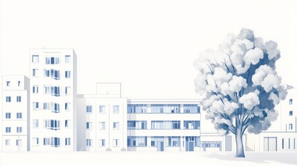 Modern apartment buildings, tree, city, architectural illustration, urban design
