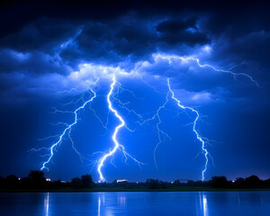 Dramatic night scene with multiple lightning strikes over calm water