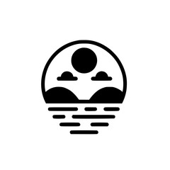 Minimalist Landscape: Sunset Over Mountains and Water, Black & White Logo