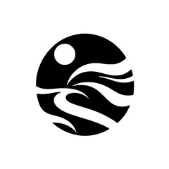 Minimalist Ocean Wave & Sun Logo in a Circle, Black & White Design