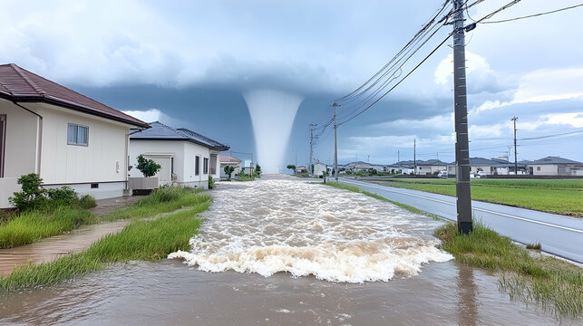 Flooded street with houses, powerful waterspout approaching