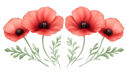 Obraz premium Four red poppies with green foliage arranged symmetrically on white background