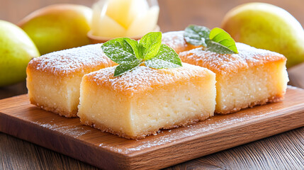 Four squares of delicate, powdered-sugar pear cake on a wooden board, garnished with mint