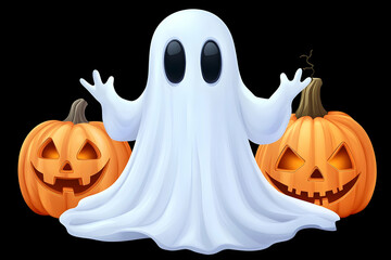 Friendly ghost between two carved jack-o'-lanterns