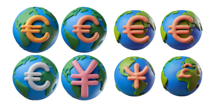Colorful Planetary Symbols of Currency Representing Global Economy, isolated on transparent background