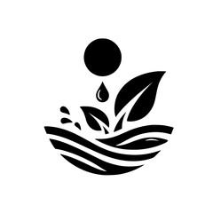 Minimalist Eco-Friendly Icon: Water & Leaf Design, Black & White, Nature