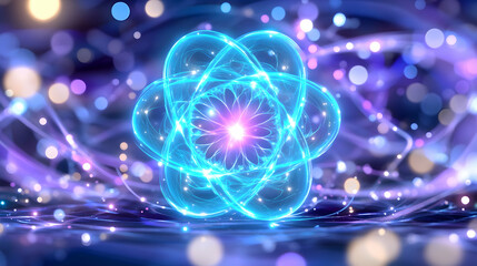 Glowing atom model with vibrant energy streams and bokeh lights