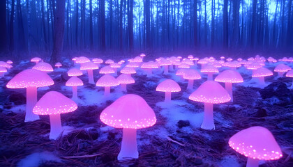 Glowing pink mushrooms illuminate a mystical forest floor at twilight