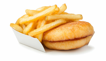 Golden-brown fried potato sticks atop a small, round, fried bread bun served in a white cardboard container