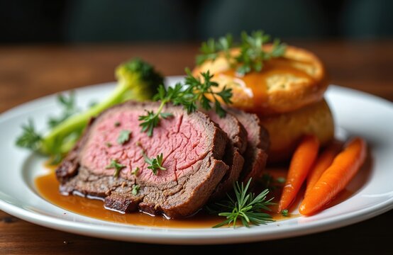 Juicy roast beef slices served on white plate with Yorkshire pudding, roasted vegetables and herbs. Mouth-watering sunday dinner with delicious gravy. Top view, food macro photo. - Powered by Adobe