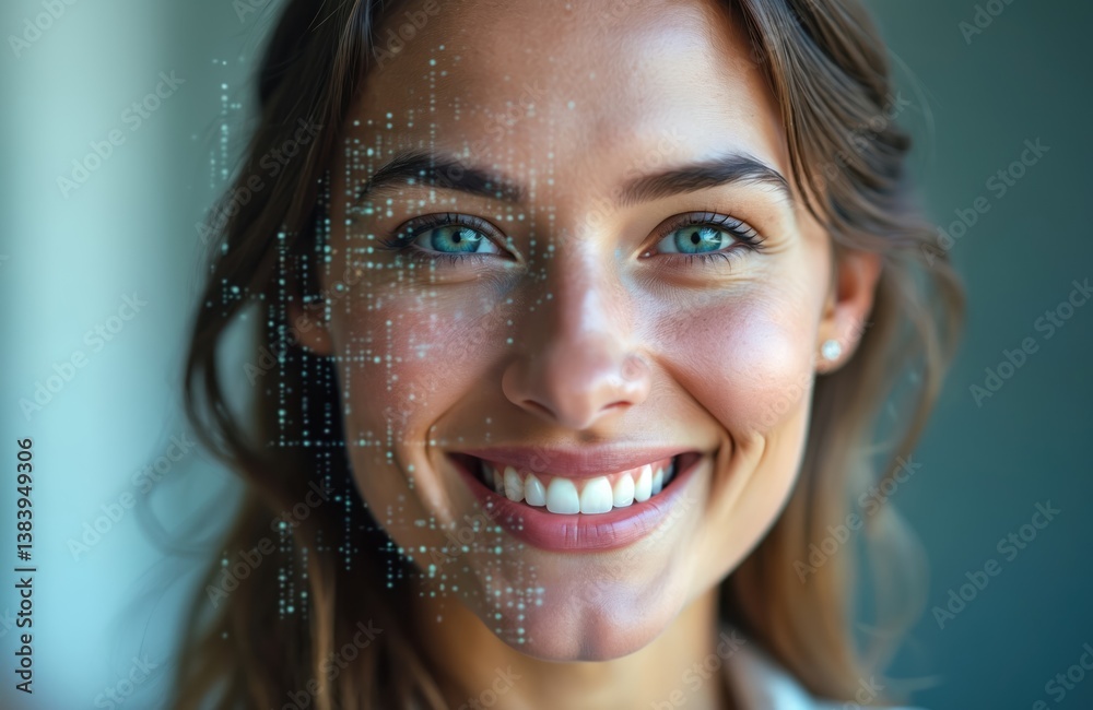 Poster Smiling woman face with digital facial recognition scan. Data scanning, artificial intelligence tech recognizes smiling face. Biometric identification, facial recognition technology concept, AI.