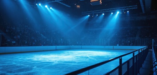 Spectacular ice rink illumination with blue spotlight effects. Empty hockey arena, grand stage for performance. Blue lights create magical dreamy atmosphere. Night, event, entertainment space.