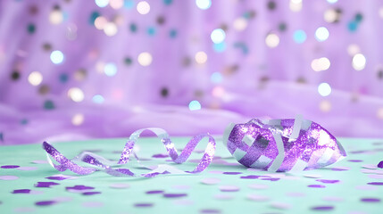 Lavender glitter heart and streamer on pastel background with bokeh