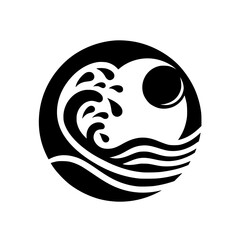Black & White Wave & Sun Circle Logo, Minimalist Design