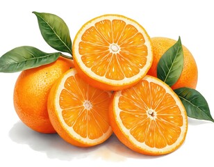 Fresh orange slices with vibrant colors and green leaves. Isolated on white background. Juicy citrus fruit perfect summer treat for healthy eating. Nourishment and harvest concept.