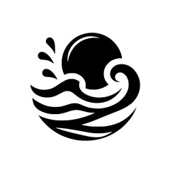 Black and White Ocean Waves and Sun Logo Design