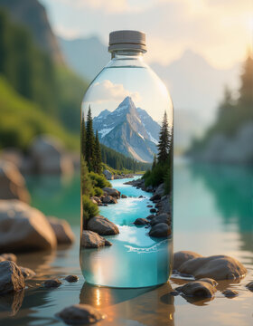 Bottle of Water with a Mountain Lake Landscape Inside