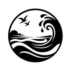Black & White Sea Silhouette: Birds, Waves, and Horizon Circle Logo