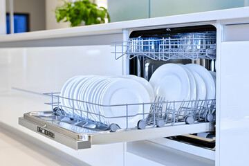 Modern dishwasher with clean white plates and glasses loaded inside, partially open in a sleek white kitchen