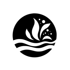 Abstract Water & Floral Logo in Circle, Black & White