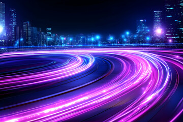Fototapeta premium Night city skyline with vibrant, swirling light trails on a circular road
