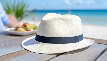 Off-white sun hat rests on beachside table near meal