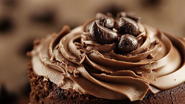 Indulge in the sight of a perfectly crafted chocolate cupcake adorned with smooth, creamy frosting and delightful chocolate chips, showcasing a masterful dessert creation.