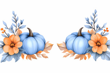 Pastel blue pumpkins and autumnal floral arrangement