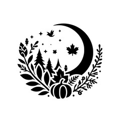 Autumnal Silhouette: Moon, Pumpkin, Leaves, and Trees