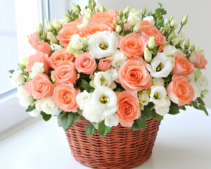 Peach and white roses and lisianthus in a wicker basket by a window