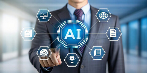 Business professional interacting with AI technology interface. Modern businessman engaging with digital AI microchip concept. Futuristic corporate leader using virtual data and security system.