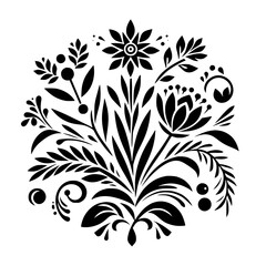 Floral Black and White Ornament Design, Folk Art Inspired