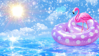 Pink flamingo on polka-dot inflatable ring in a sparkling ocean