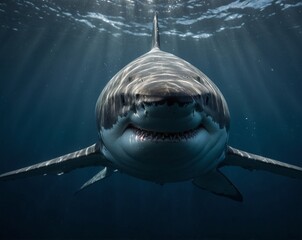 Cinematic close-up portrait of great white shark with powerful jawline, piercing black eyes, and ocean shimmer