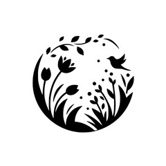 Minimalist Floral Bird Scene, Black & White Circle Design